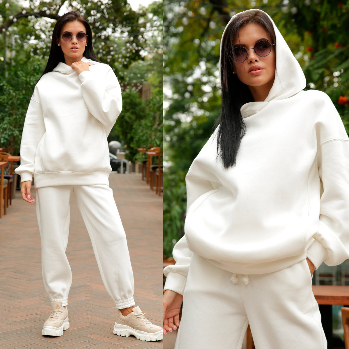 Two Piece Sports Hoodie Sweatpants Set-White-Theone Apparel
