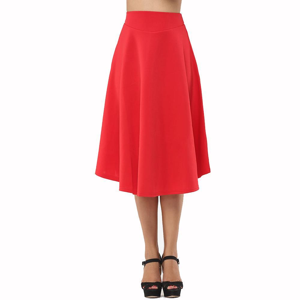 Wide Band Tea Length Skirt-Red-Theone Apparel