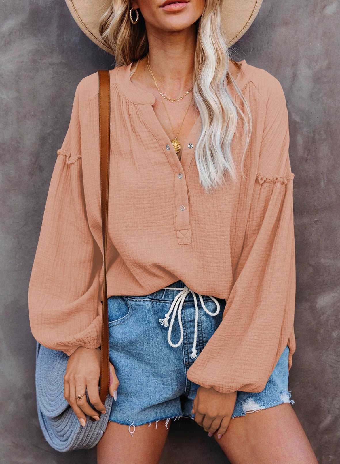 Button Up V-Neck Long Loose Sleeved Top - THEONE APPAREL