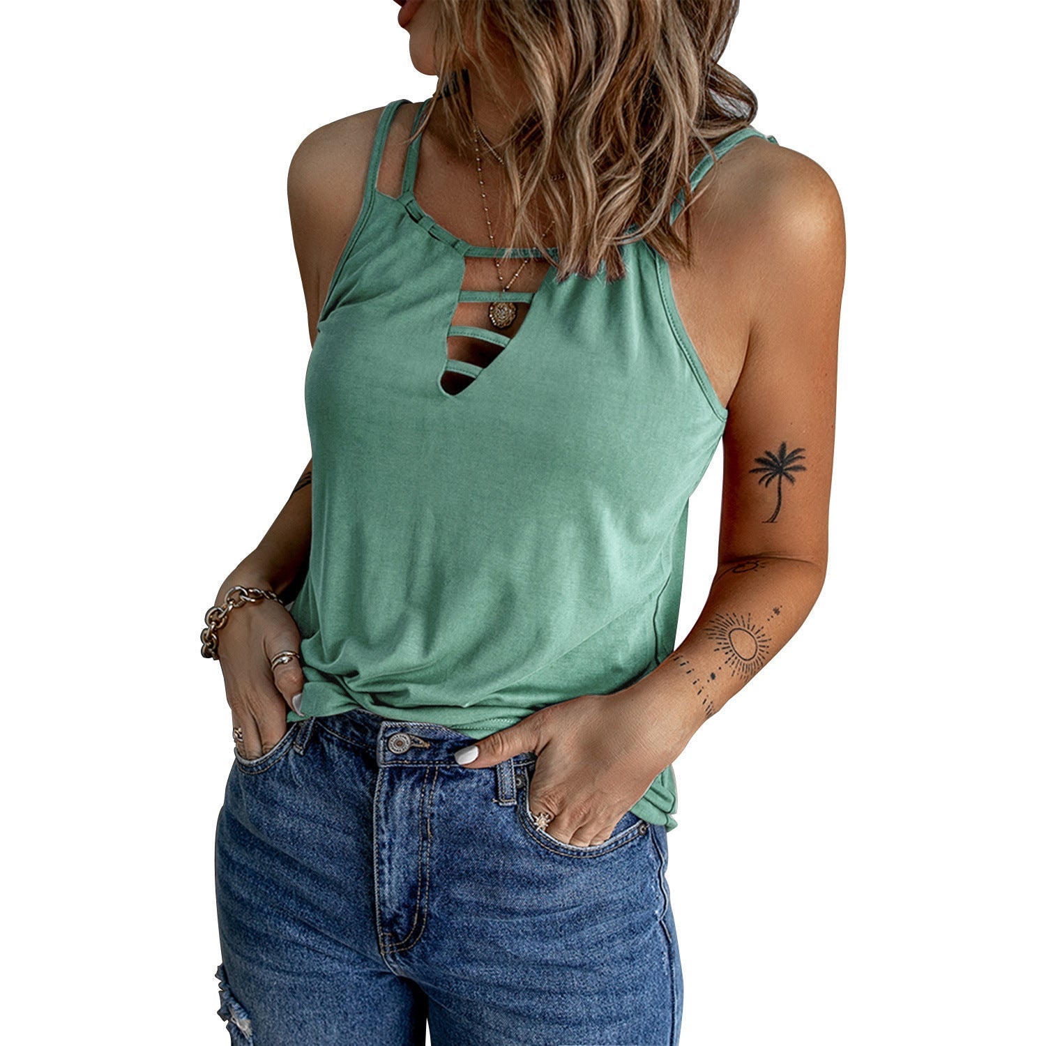 Casual V-neck Strappy Tank Top - THEONE APPAREL