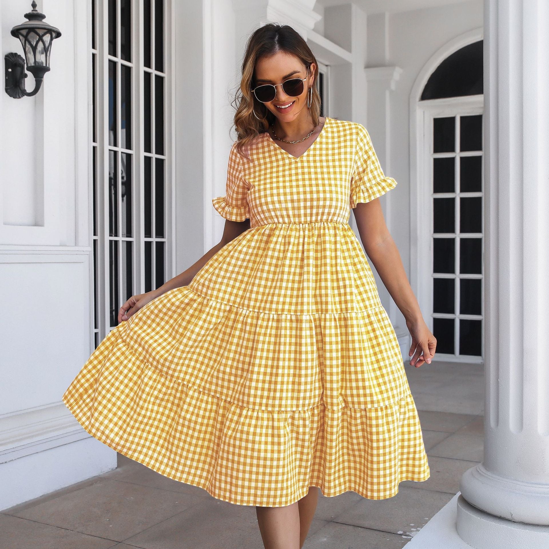 Checked Midi Dress with Tiered Skirt and Short Sleeves - THEONE APPAREL