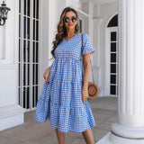 Checked Midi Dress with Tiered Skirt and Short Sleeves - THEONE APPAREL