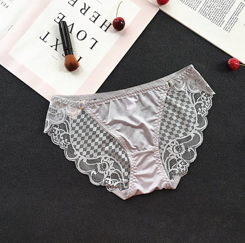 Checkered Mesh and Lace Detail Briefs Style Panties - THEONE APPAREL
